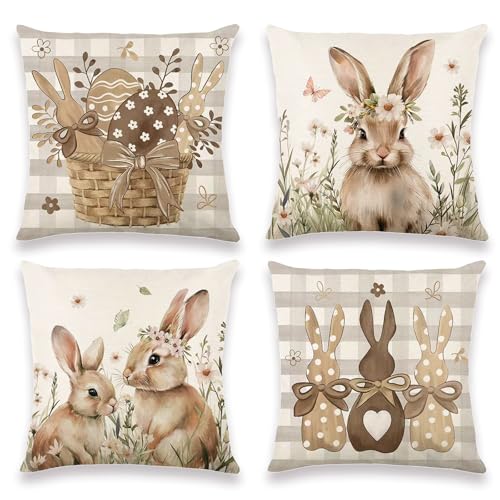 Alyxiavia 4 Stück Ostern Kissenbezug 45x45cm,Osterdeko Kissenhülle, Modern Ostern Dekokissenbezüge,Frühling Happy Easter Osterhase Kissenhülle Zierkissenbezug Couch Wohnzimmer Deko von Alyxiavia