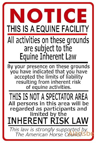 Equine Liability Warning Sign - Inherent Risk Law Metal Tin Sign for Horse Barn, Stable, Pasture, Farm- Notice for Equestrian Facility, 30,5 x 20,3 cm von Alzclsbe