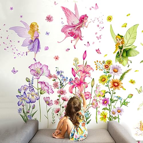 Groß Wandtattoo Blumenfee Wandaufkleber, Mädchen Feen Wandaufkleber Buntes Pflanze Blume Schmetterling Wandkunst Abziehbilder Peel and Stick Wandaufkleber für Schlafzimmer Kinderzimmer von Alzkkll