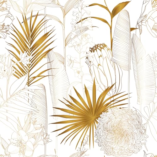 Tapete Goldenes Palmblatt Selbstklebende Tapete 44.5CM x 3M Kontakt Papier Abnehmbar Wasserdicht Tapete Dekorative Vinyl Selbstklebende Tapete Geeignet Für Küche, Bad, Schlafzimmer, Wohnzimmer von Alzkkll