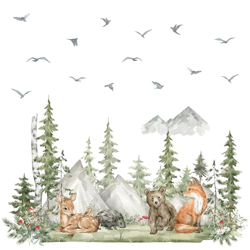 Wandtattoo Baum Große Kiefer,Wandaufkleber Grüne Pflanzen Waldtiere Wandtattoo Hirsch Bär Fuchs Wandaufkleber Peel and Stick Wandaufkleber Für Baby Kinderzimmer Schlafzimmer Wohnzimmer Wanddekoration von Alzkkll