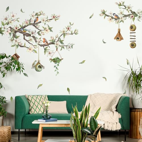 Wandtattoo Blumen Vögel auf Ast Wandaufkleber,4pc Blüte Blumen Wandaufkleber Farbenfroher Pfirsichbaum Vogel Verlieren Sie Blätter Wandtattoos für Schlafzimmer Wohnzimmer Babyzimmer Wanddeko von Alzkkll