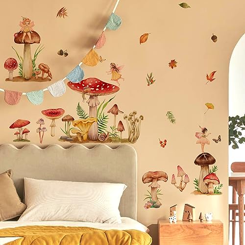 Wandtattoo Pilz Feen Wandaufkleber,2 Stück Wandtattoo Mädchen Blumen Elfen Pilze Ahornblatt Wandsticker für Kinderzimmer Babyzimmer Schlafzimmer von Alzkkll