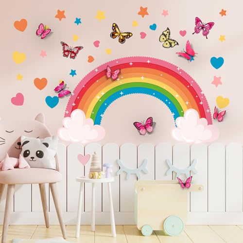 Wandtattoo Regenbogen,2Pcs Wandaufkleber Zum Abziehen und Aufkleben Wolken Schmetterlinge Stern Mädchen Wandsticker für Mädchenzimmer Kinderzimmer Babyzimmer von Alzkkll