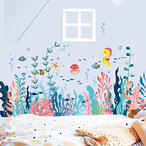 Wandtattoo Unter dem Meer,3 Blätter Wandsticker Seegras Peel and Stick Wandaufkleber PVC Wandaufkleber Fische Korallen Oktopus Bordüre Wandsticker Kinderzimmer Babyzimmer Badezimmer Wanddeko von Alzkkll