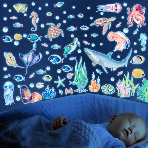 Wandtattoo Unter dem Meer Wandsticker Leuchtaufkleber,6 Blatte Leuchtendes Fisch Meeresschildkröte Quallen Ozean Wandaufkleber Vinyl Wandabziehbilder Meeresleben für Kinderzimmer Dekoration Blau von Alzkkll