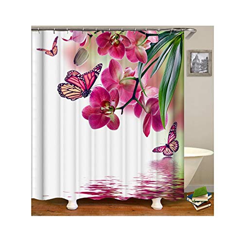 AmDxD Duschvorhang aus Polyester| 3D-Druck Blumen Schmetterlinge Muster Design Bad Vorhang Badewannenvorhang | Weiß Rose | mit 12 Duschvorhangringen für Badewanne Badezimmer - 180x180CM von AmDxD