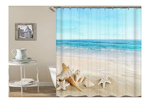 AMDXD Polyester Duschvorhang Strand Welle Stern Tritonshorn Design Badewannenvorhang Bad Vorhang Bunt für Badezimmer Waschbar 150X200CM von AMDXD