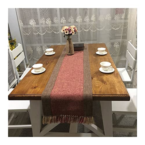 AMDXD Tischläufer Frühling, Streifend Spleißen mit Quaste in Größe 38x180 cm Leinen Tischläufer Waschbar, Tischtuch Tischwäsche Geeignet für Familienfeiern, Hoteldekorationen, Rot Braun von AMDXD
