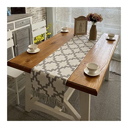 AMDXD Tischläufer Frühling Modern, Geometrisch Puzzle Muster mit Quaste in Größe 32x160 cm Leinen Tischläufer, abwaschbar & fleckenabweisend Table Runner für draußen Party Dekor, Beige Grau von AMDXD