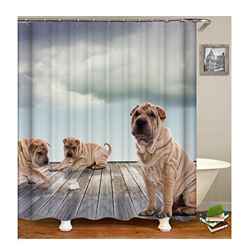 AmDxD Waschbar Polyester Duschvorhang DREI Shar Pei Hunde Muster Design Badewanne Vorhang Digitaldruck Badewannenvorhang - Grau mit Duschvorhangringen für Badezimmer Badewanne von AmDxD