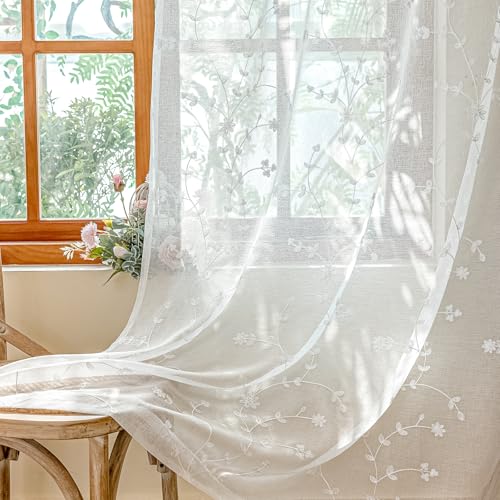 AmHoo 2 Paneele Blatt Flora bestickt Farmhouse halbtransparenter Vorhang Voile Vorhänge für Wohnzimmer Schlafzimmer Fenster Behandlung weiß 130 x 213 cm von AmHoo