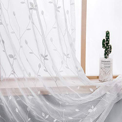 AmHoo 2 Stoffbahnen Bestickt Blattmuster halbdurchscheinend Vorhänge Laub Blumen Voile Fenster Vorhänge Behandlung für Schlafzimmer Wohnzimmer Stangentasche weiß 134 x 244 cm von AmHoo