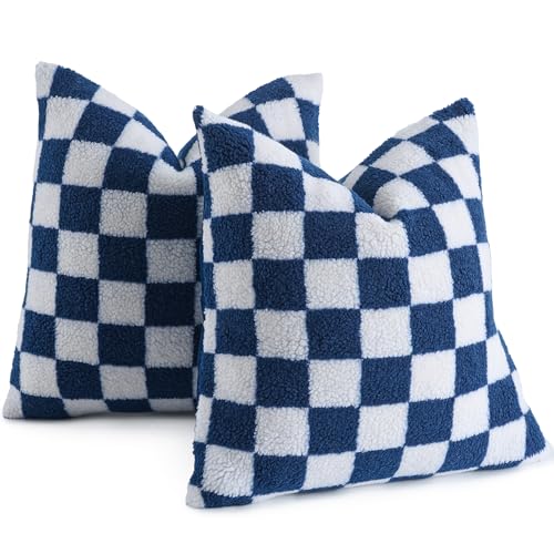 AmHoo 2er Set Dekorative Kissenbezug Schachbrett Dekokissen Sofakissen Luxus Super Sanft Kunstpelz Wolle Set Fall Kissen für Couch Sofa Schlafzimmer 50x50 cm Navy Blau von AmHoo