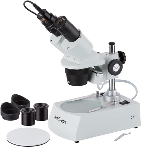 AmScope SE305R-PZ-E Kompaktes Stereomikroskop mit mehreren Objektiven, abgewinkeltem Kopf, Metallstützenständer, Halogenbeleuchtung oben und unten, 0,3 MP digitale Okular-Kamera, 10X-60X von AmScope