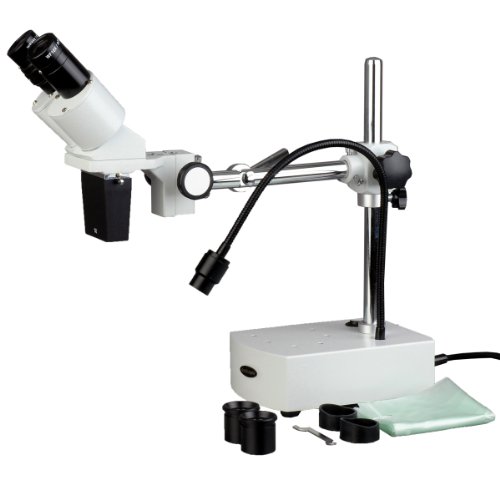 AmScope SE400-Z Kompaktes Stereo-Boom-Arm-Mikroskop mit Fester Linse und Schwanenhals-LED-Licht, 10X-20X, Weiß von AmScope