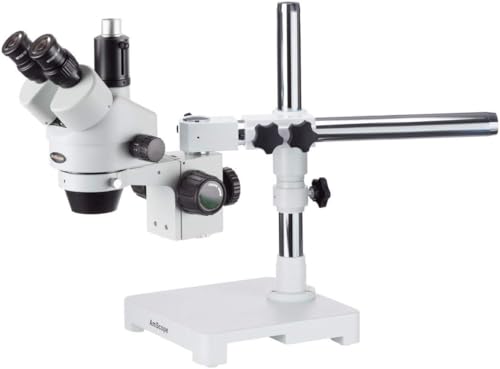 AmScope SM-3T Trinokulares Stereo-Zoom-Mikroskop auf Einarmigem Auslegerständer, 7X-45X, Weiß von AmScope
