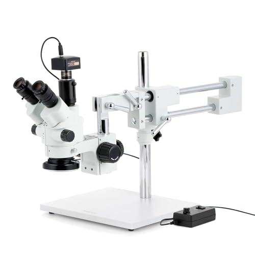 AmScope SM-4NTP-144-M Simul-Fokales-Stereo Zoom Mikroskop am Boom-Ständer mit LED-Ringlicht und 1.3-Megapixel-Kamera, 7X-45X, Weiß von AmScope