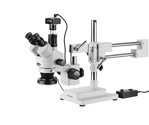 AmScope SM-4TP-144-5M Simul-Focal-Stereo-Zoom-Mikroskop am Doppelarm-Auslegerständer mit 144-LED-Ringlicht und 5-Megapixel-Kamera, 7X-45X, Weiß von AmScope