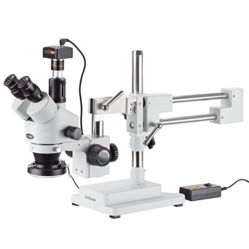 AmScope SM-4TPX-144-10M Simul-Focal-Stereo-Zoom-Mikroskop auf Doppelarm-Auslegerständer mit 144-LED-Ringlicht und 10-Megapixel-Kamera, 3.5X-45X, Weiß von AmScope