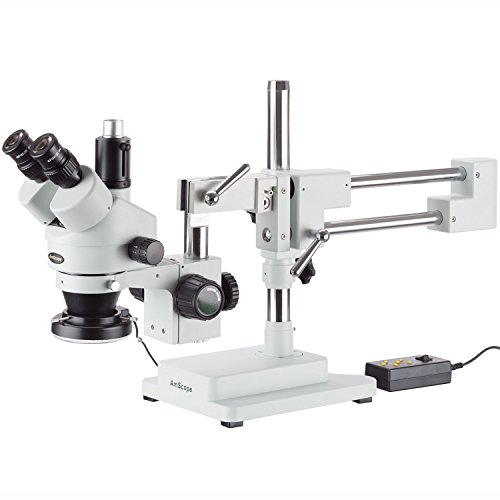 AmScope SM-4TPX-144 Simul-Fokales Stereo-Zoom-Mikroskop auf Doppelarm-Auslegerständer mit 144-LED-Ringlicht, 3.5X-45X, Weiß von AmScope