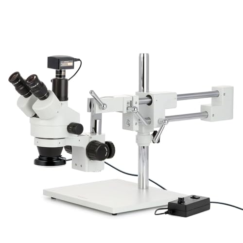 AmScope SM-4TPZ-144-18M3 Simul-Fokales-Stereo-Zoom-Mikroskop am Boom-Ständer mit 144-LED-Ringlicht und 18MP USB3-Kamera, 3.5X-90X, Weiß von AmScope