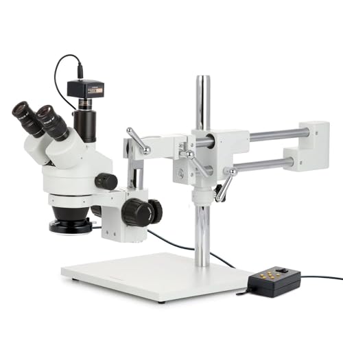 AmScope SM-4TZZ-144A-10M Trinokulares Stereomikroskop mit 4-Zonen-144-LED-Ringlicht und 10MP-Kamera, 3.5X-180X, Weiß von AmScope