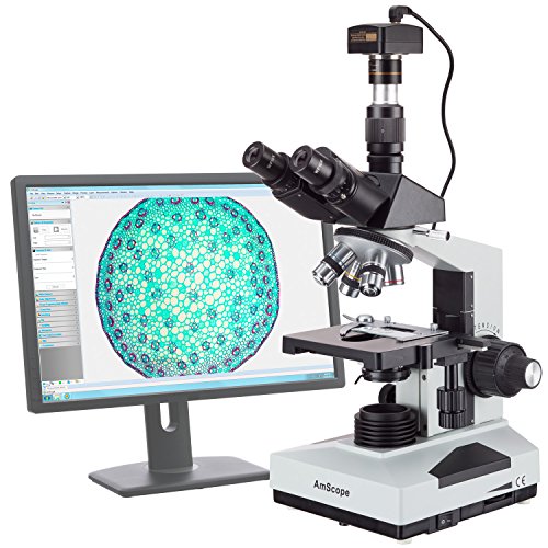 AmScope T490B-5M Trinokulares Biologisches Verbundmikroskop mit 5MP USB-Digitalkamera, 40X-2000X, 12" x 9" x 16" von AmScope