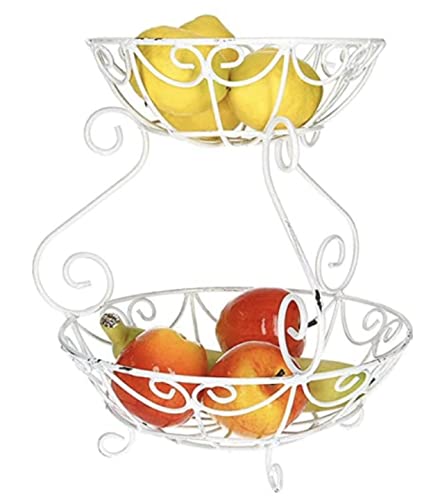 AmaCasa Shabby Etagere Weiß | Obstschale aus Metall für mehr Platz | Used Look | Der Obstkorb besteht aus einem Teil und besitzt zwei Etagen/Obstschalen | Maße: 26,5x26,5x29cm von AmaCasa