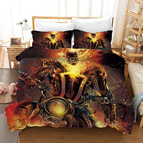 Amacigana Ghost Rider Bettwäscheset Einzelbett Doppelbett Anime Cartoon DigitaldruckBettbezug Skull Bettwäsche Für Jugendliche (A8,135x200cm+50x75cm) von Amacigana