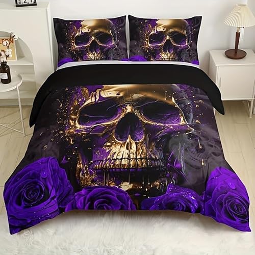 Amacigana Totenkopf Bettbezug Set 200x200 cm, Superweiches Skull Bettwäsche Set, Halloween Spaß Bettbezug Mit Reißverschluss Kissenbezug 80x80cm(A1,200x200/80x80cm) von Amacigana