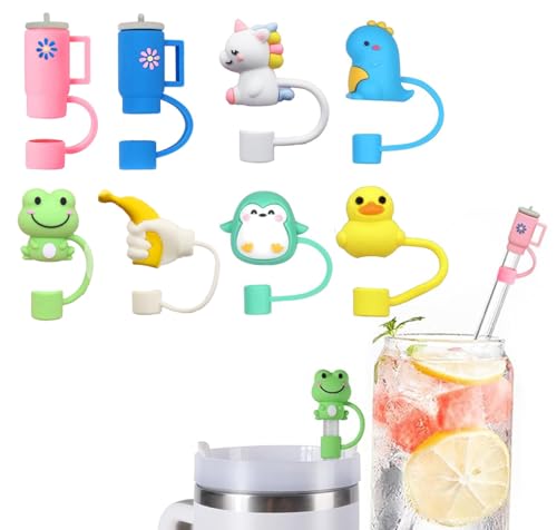 Amacoam 8 Stück Tiere Stroh Abdeckung Silikon Strohhalm Abdeckung für Stanley Cup, Silikon Strohhalm Topper Kompatibel mit Stanley Cups Tumbler 40/30 Oz, Strohhalmabdeckungen für alle 10MM Strohhalme von Amacoam
