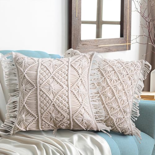 Amagabeli 2 stück Makramee Kissenbezug 45x45 cm Sie ist 100% handgearbeitet Boho Deko Kissenhülle Weicher Dekorative für Sofa Kissen Lendenkissen Bettkissenbezug Schlafzimmer Kissen Deko Beige von Amagabeli Garden Home