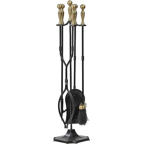 AMAGABELI 26.5"(67.3cm) 5-teilige Kaminbesteck Set Kamingarnitur mit Schmiedeeisen und Innenausstattung Kaminzubehör Kaminständer Feuerzange Schaufel Antikbürste Schornsteinschürhaken Gold. von Amagabeli Garden Home
