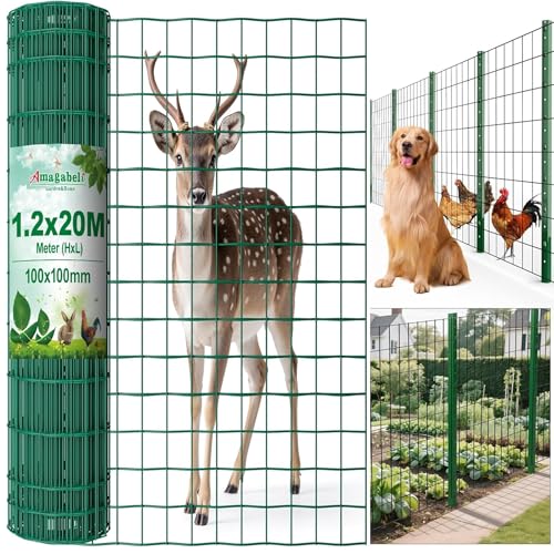 Amagabeli Maschendrahtzaun 120cm höhe steckzaun 20M Rostfrei Gartenzaun Zaun PVC-beschichteter 100 x 100mm 2.1 mm Drahtzaun Maschendraht Wildzaun/Hundezaun Grünen Drahtgitter Kaninchendraht von Amagabeli Garden Home