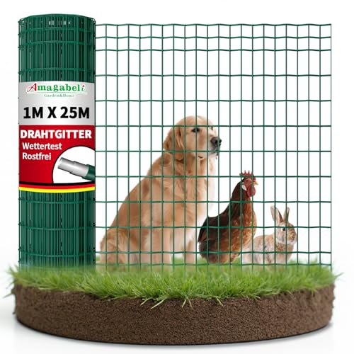 Amagabeli 1M X 25M Gartenzaun Zaun PVC-beschichteter 100 x 50mm 2.1 mm Drahtzaun Maschendraht Wildzaun/Hundezaun Rostfrei Zaunelemente Grünen Maschenweite Drahtgitter Kaninchendraht Forstzaun von Amagabeli Garden Home