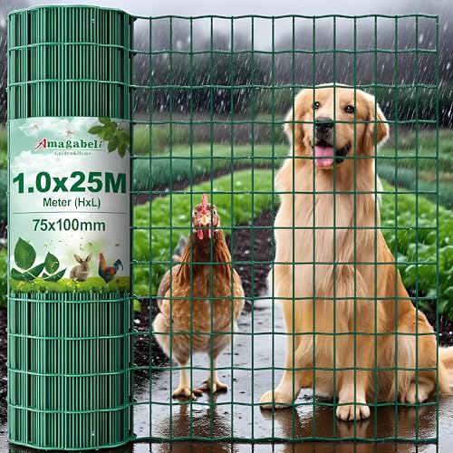 Amagabeli 1.0M X 25M Gartenzaun Zaun PVC-beschichteter Rostfrei 100 x 70mm 2.1 mm Drahtzaun Maschendraht Hundezaun Zaunelemente Grünen Drahtgitter Kaninchendraht Metall Drahtg Forstzaun von Amagabeli Garden Home