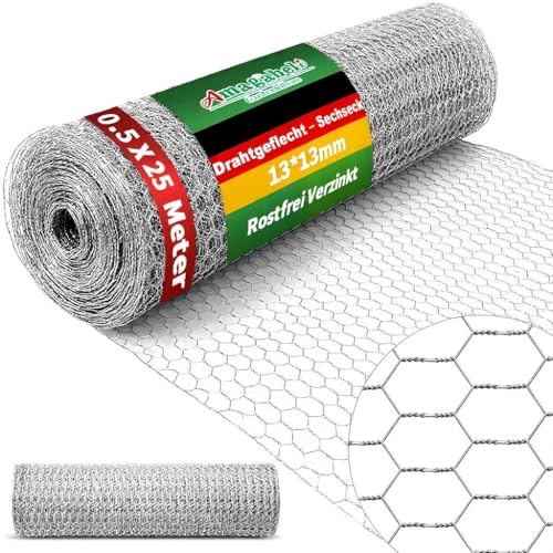 Amagabeli Verzinkter Maschendrahtzaun 50cm x 25m | 0,7mm Drahtstärke | 13mm Sechseck-Maschen | Für Hühnerzaun, Kaninchengehege & Wildschutz | Feinmaschiges Hasengitter​ von Amagabeli Garden Home