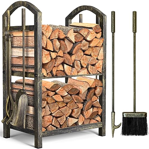 Amagabeli Kaminholzregal Brennholzregal mit 4 Kaminwerkzeug 74x40x30cm Kaminholzständer für Innen und Außen Kaminholzhalter Holzregal für Kamin Kaminofen Besteck Schmiedeeisen Bronze von Amagabeli Garden Home