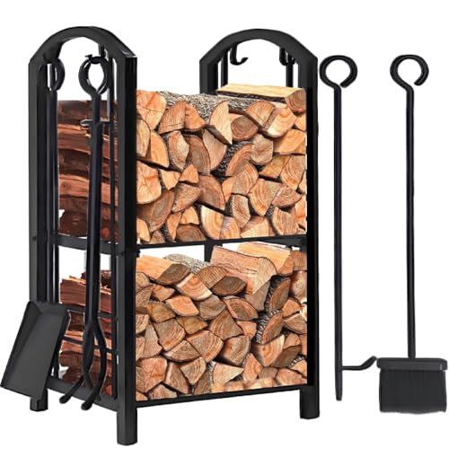 Amagabeli Kaminholzregal Innen Brennholzregal mit 4 Kaminwerkzeug 74x40x30cm Kaminholzständer Kaminbesteck für Außen Kaminholzhalter Holzregal für Kamin Kaminofen Besteck Schmiedeeisen Schwarz von Amagabeli Garden Home