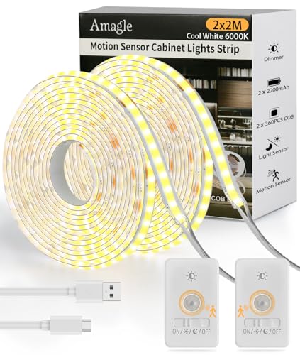 Amagle 2 Stück 2m LED Schrankbeleuchtung Unterbauleuchte Unterschrank Küche Licht Bewegungsmelder Innen Bewegungslicht Mit Batterie 2200mAh Schranklampe Lichtleiste LED Selbstklebend Leiste Streifen von Amagle