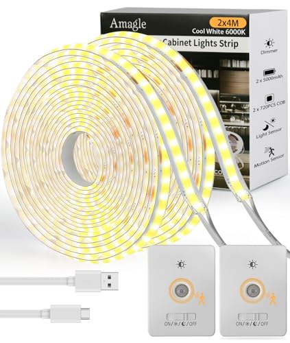 Amagle 2 Stück 4m LED Schrankbeleuchtung Unterbauleuchte Unterschrank Küche Licht Bewegungsmelder Innen Bewegungslicht Mit Batterie 5000mAh Schranklampe Lichtleiste LED Selbstklebend Leiste Streifen von Amagle