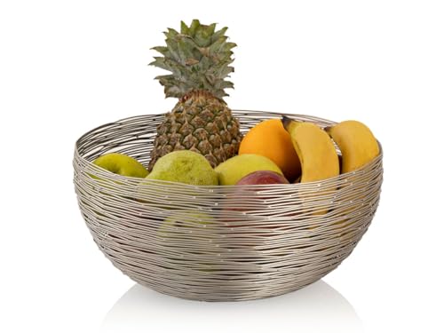 Amago home Obstkorb ø 30 cm H 13 cm Brotkorb Obstschale Metall rund Silber o. Gold dollce Metall Drahtstruktur Farbe Silber von Amago home