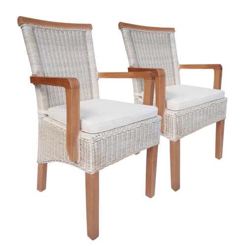 Esszimmer Stühle Set 2 Stück mit Armlehnen Rattanstühle weiß Perth Rattan Korbstühle nachhaltig Farbe mit Sitzkissen von Amago home