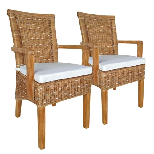 Esszimmer Stühle Set mit Armlehnen 2 Stück Rattanstuhl Perth Capuccino Korbstuhl Sessel nachhaltig Farbe mit Sitzkissen von Amago home