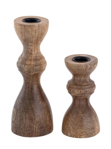 Kerzenständer 2er Set Stabkerzen Kerzenhalter H20/13x6cm rund Kerzenleuchter Mangoholz von Amago home