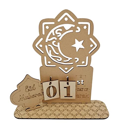 Amagogo Eid Mubarak Countdown Kalender Ornament Ramadan Dekoration Holz Wiederverwendbarer Countdown bis Eid Kalender für Tischplatte Bücherregal Home Geschenk, Mondstern, Moon Star von Amagogo