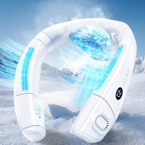 Tragbarer Nackenventilator Mit großer Eiskühlplatte, Hals Ventilator Unterwegs Mobile Klimaanlage Leise 6000mAh USB Wiederaufladbar, 360° Kühlung, Luftauslass Hinten, 3 Kühlstufen für Reise Büro, Weiß von Amailtom