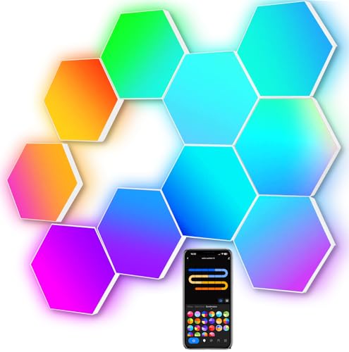 Hexagon LED Panel Große, Smart Home Gaming LED Sechseck Wandleuchte RGBIC Funktioniert mit Alexa Google Assistant, Sprach-/App-Steuerung, Musik-Sync, DIY LED Platten für Gaming Wohnzimmer, 10 Paneele von Amailtom