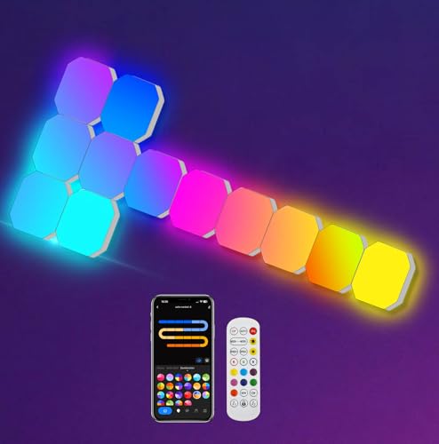 Hexagon LED Panel Wandleuchte, Smart RGBIC Gaming LED Wandpaneele Beleuchtung 12 DIY Quadrate Funktioniert mit Alexa und Google Assistant, Musik Sync App-Steuerung für Gaming Setup Wohnzimmer TV Deko von Amailtom
